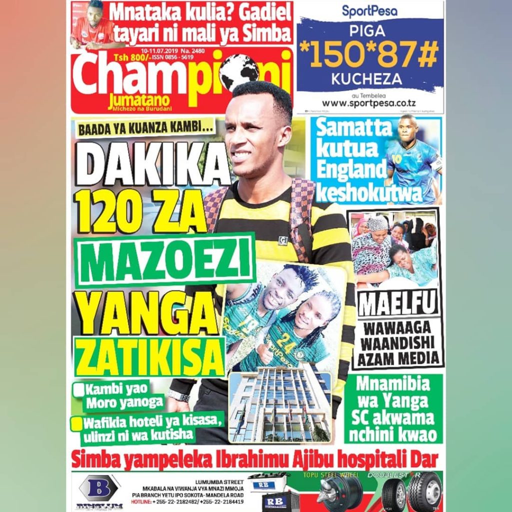 GAZETI LA CHAMPIONI KATIKA UKURASA WA MBELE LEO JUMATANO, YANGA YATIKISA BALAA!!