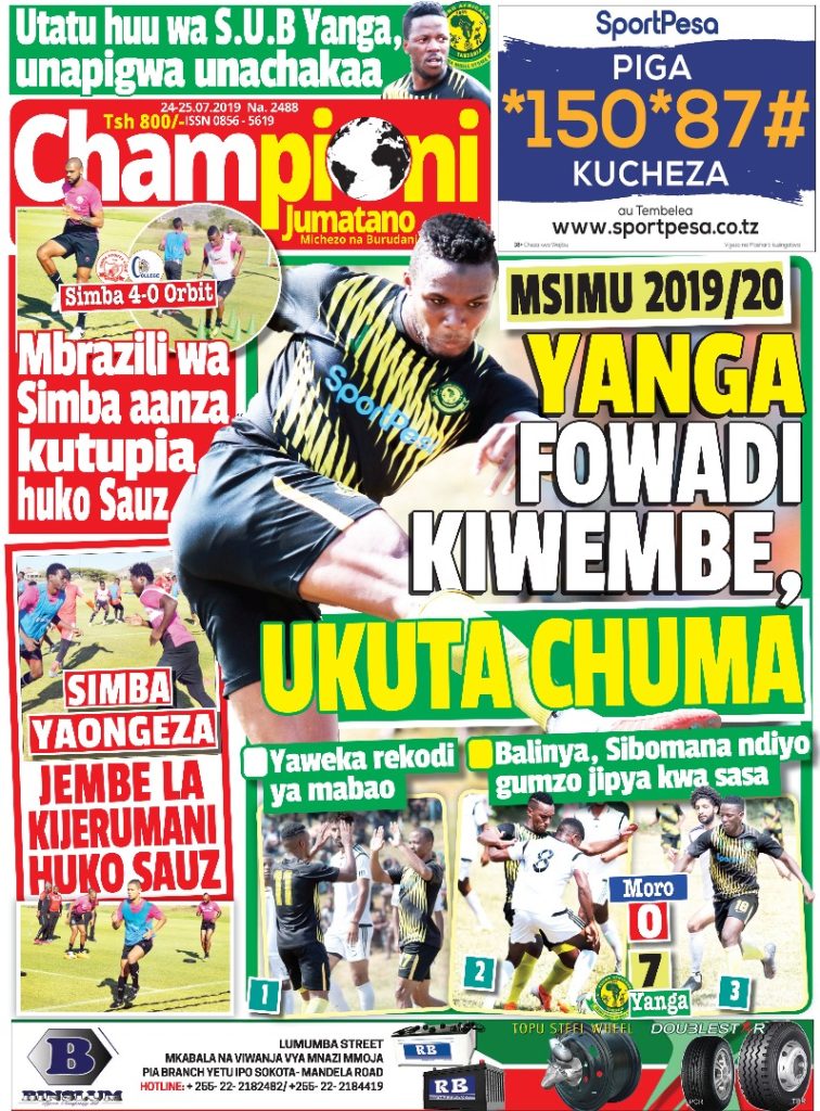 MUONEKANO WA UKURASA WA MBELE GAZETI LA CHAMPIONI JUMATANO