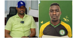 Naku James Kazimoto na kocha Cedric Kaze wa Kagera Sugar